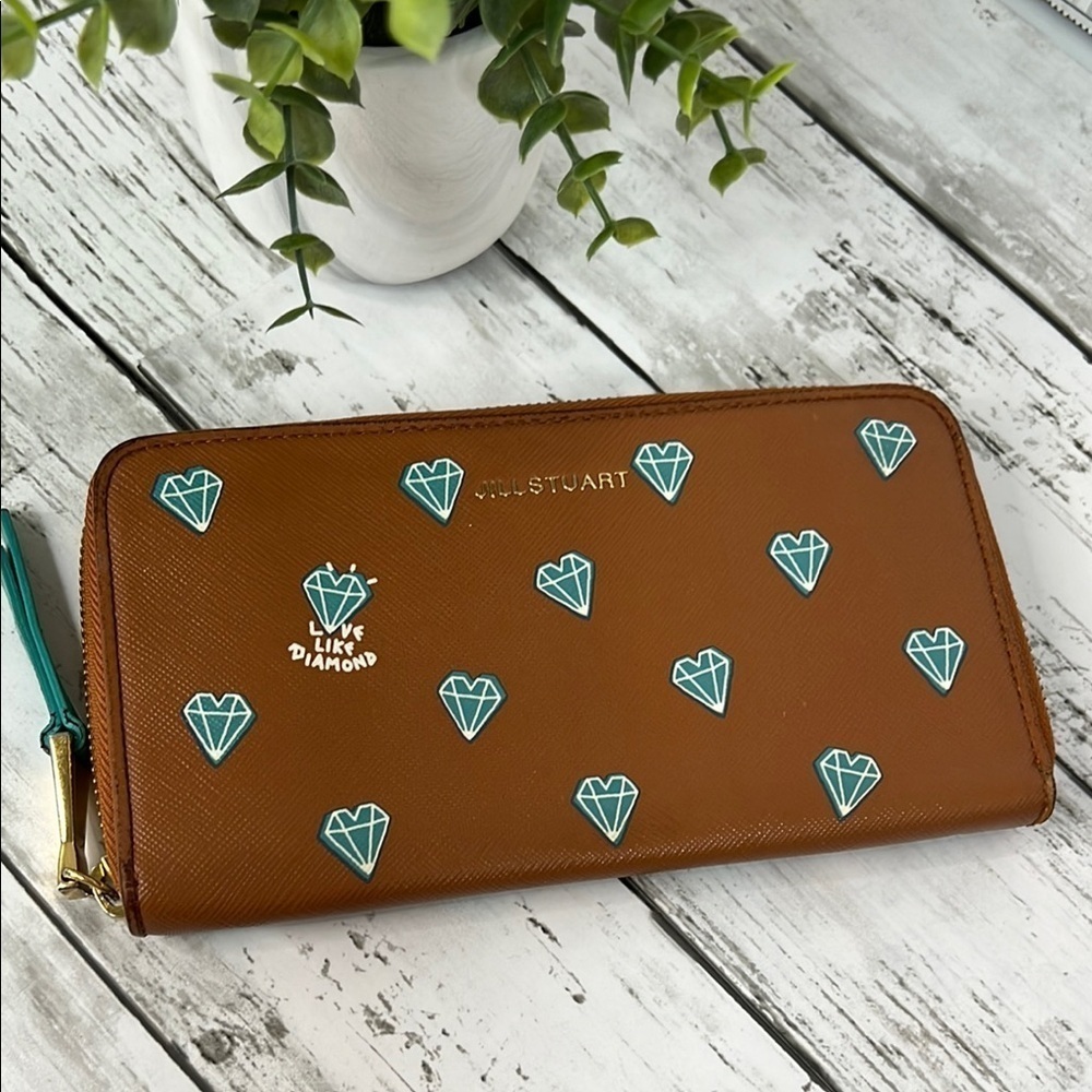 Jill Stuart Brown Zip Around Wallet with Diamond Design